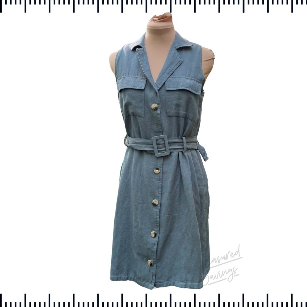 Sim & Sam (Large NWT) Linen Sleeveless Belted Blue Button-Front Dress